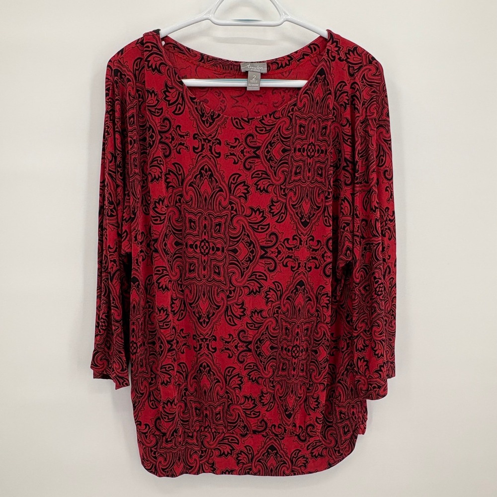 Travelers by Chicos Red Black Damask Print 3/4 Sleeve Blouse Top Size 2‎ L XL
